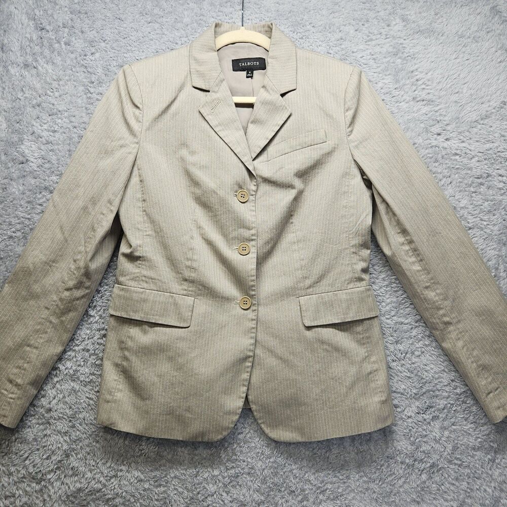 Talbots Womens Tan Pinstripe Blazer Jacket Size 6 Professional Career 3 Button